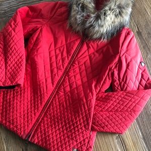 POST CARD Luxury Red Quilted Jacket with Removable Fur Collar - Sz 8